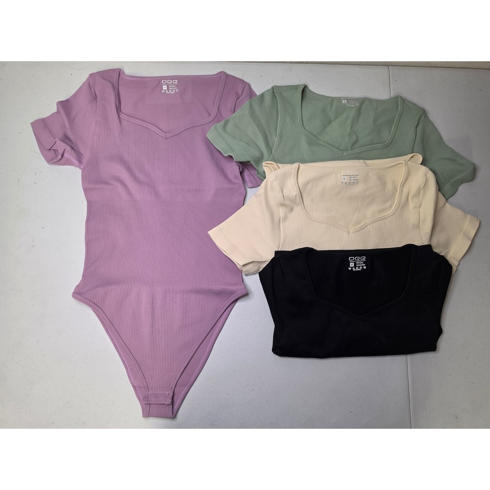 OQQ Womens 4 Pack Ribbed Seamless Bodysuits Sweetheart Neck Short Sleeve Medium